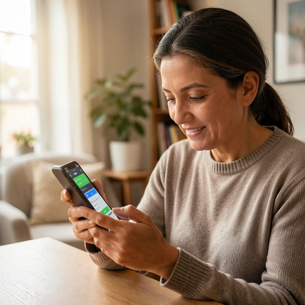 Persona argentina usando un teléfono con funciones de accesibilidad activadas en un ambiente tranquilo