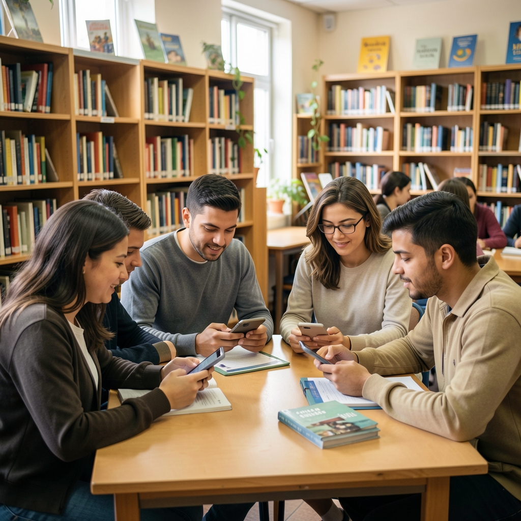 Jóvenes y adultos argentinos aprendiendo a usar una aplicación en una biblioteca comunitaria