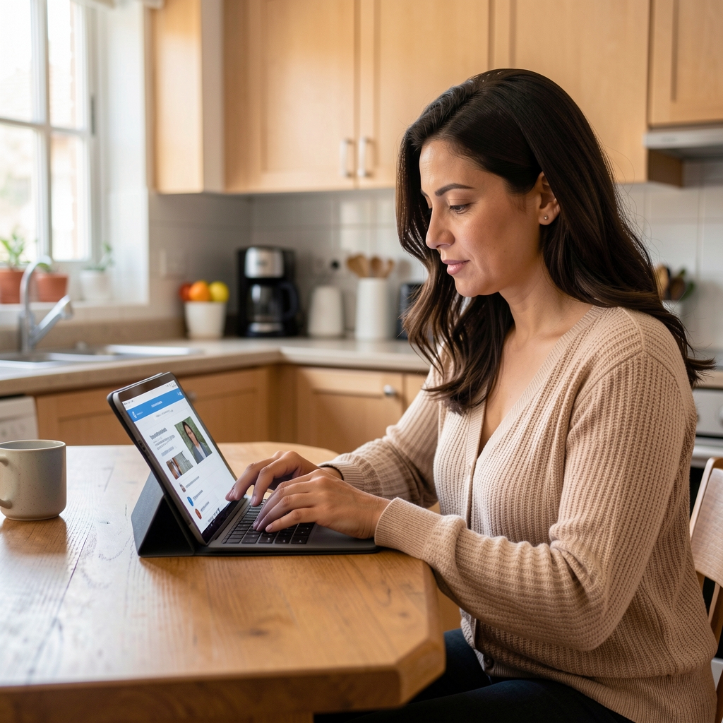 Mujer argentina adulta reservando un turno online desde una tablet en una mesa de cocina