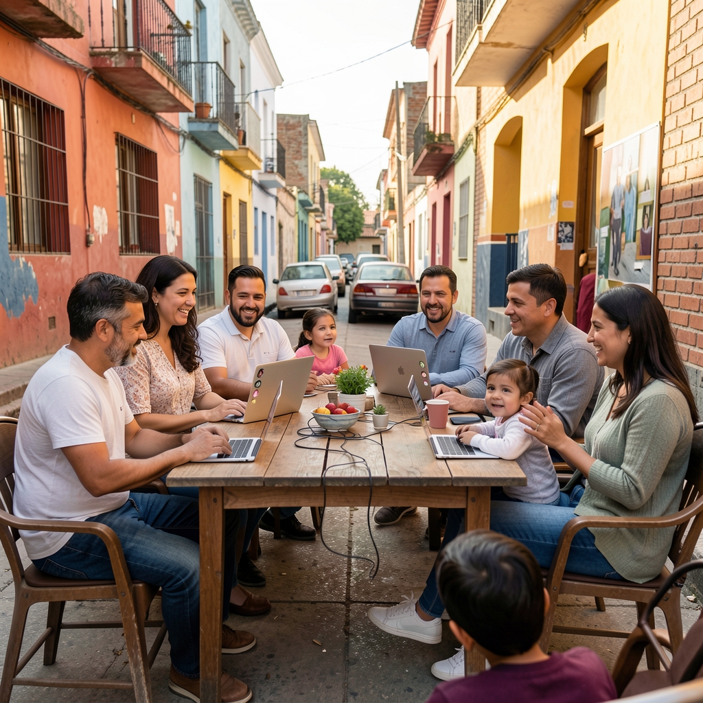 Taller comunitario en Argentina con varias generaciones practicando una videollamada