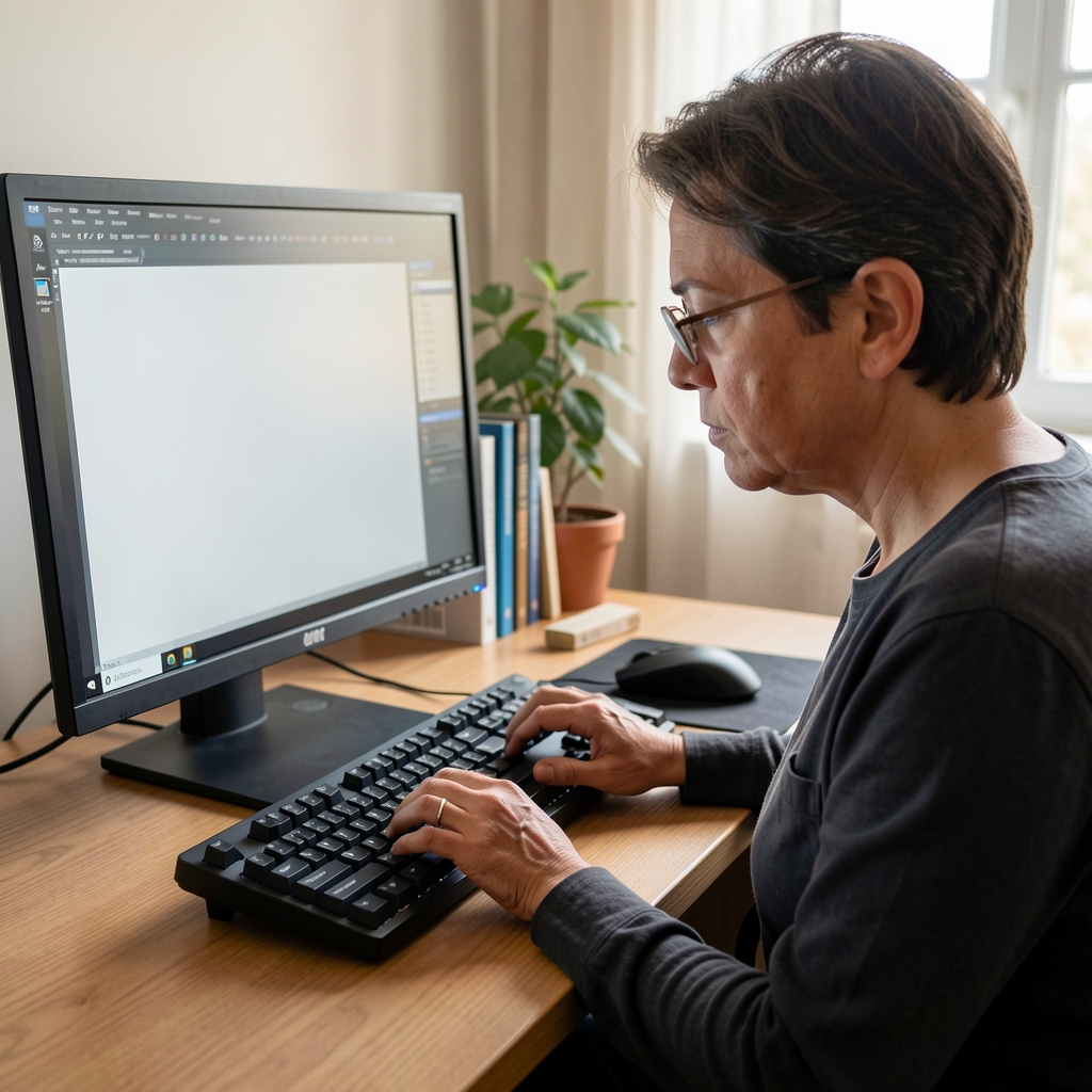 Persona con baja visión usando un teclado grande y una pantalla con texto ampliado