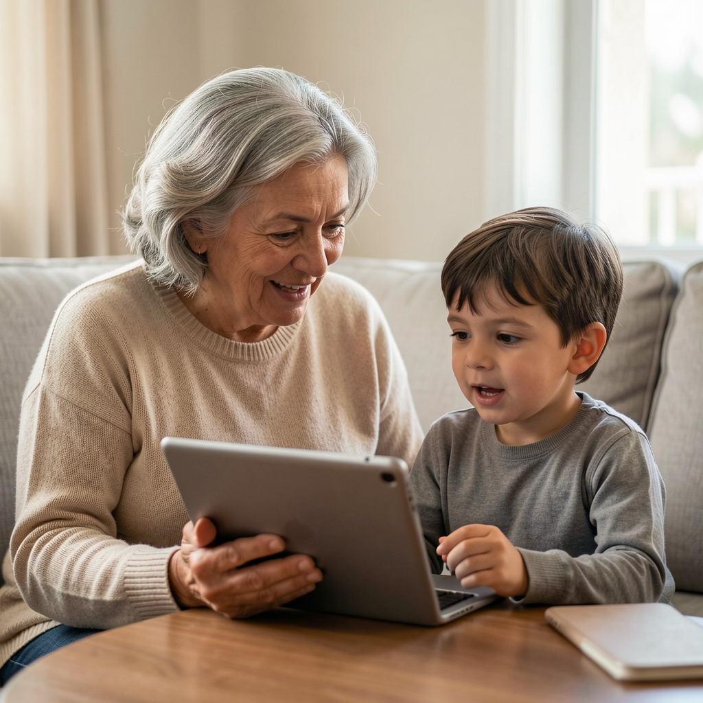 Abuela argentina conversando con su nieto mientras ambos miran una tablet
