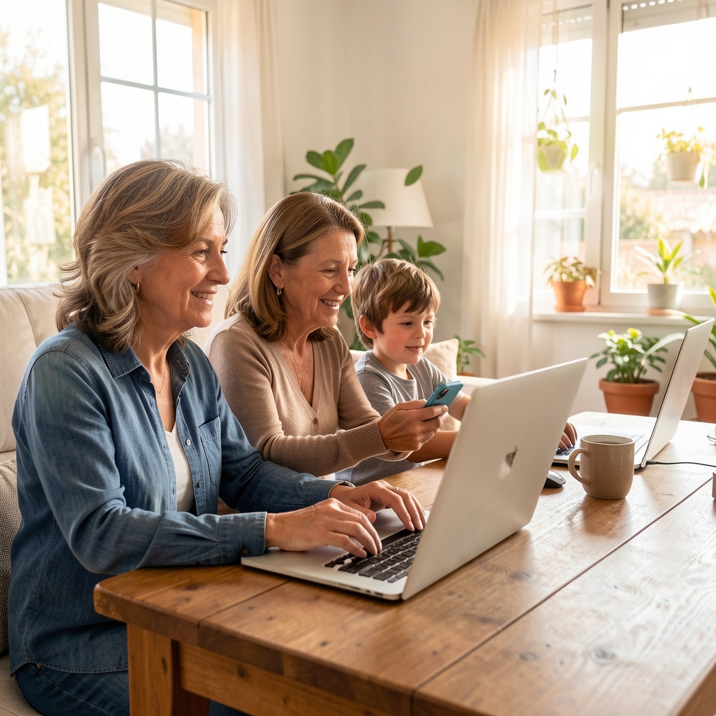 Familia argentina de distintas edades usando una computadora y un teléfono en una casa luminosa de Buenos Aires