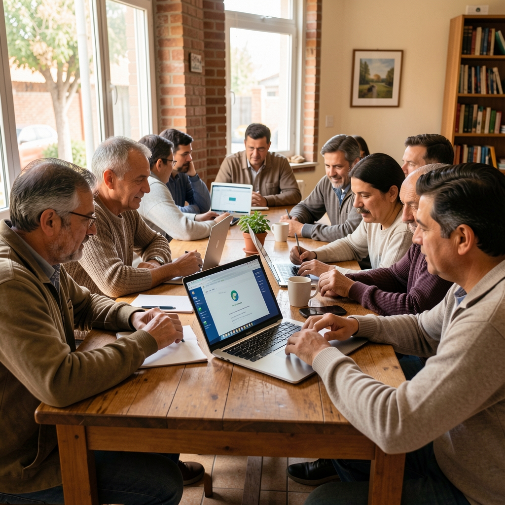 Grupo de vecinos argentinos aprendiendo a usar una plataforma digital en una mesa comunitaria