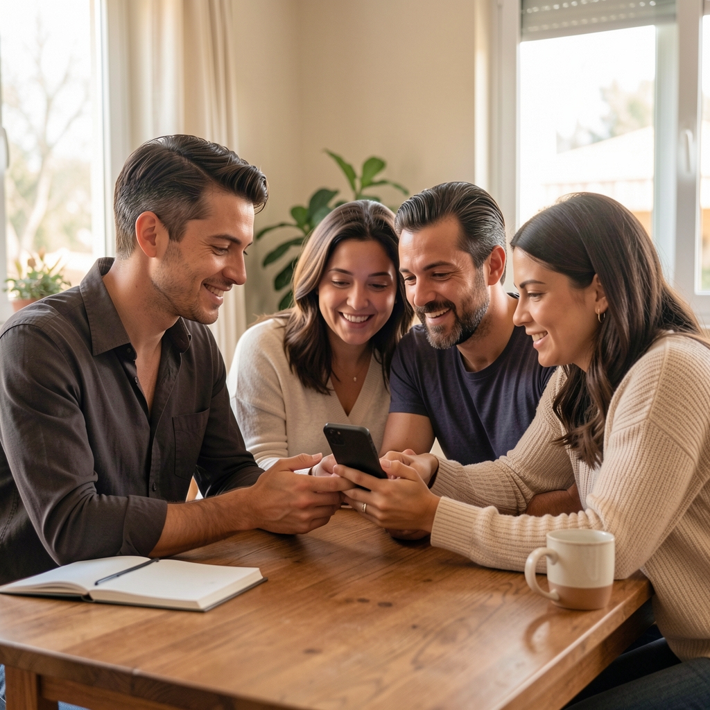 Familia argentina revisando un mensaje sospechoso en un celular alrededor de una mesa
