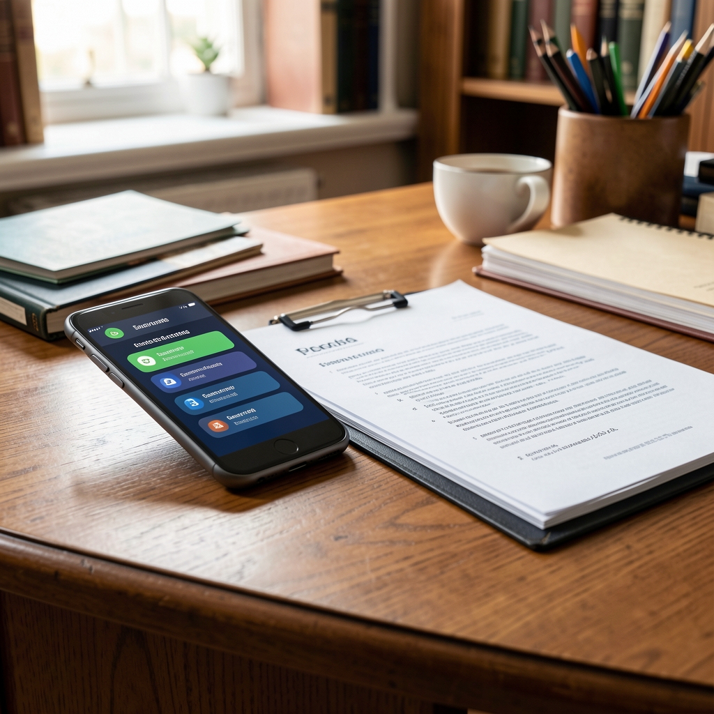 Teléfono con una pantalla de servicio digital junto a documentos ordenados en un escritorio argentino