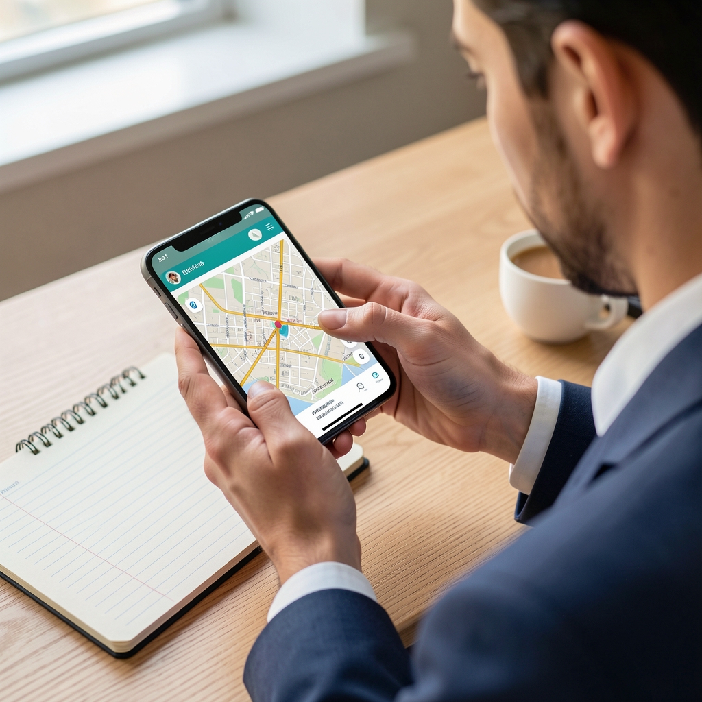 Persona consultando un mapa digital de Buenos Aires en un teléfono junto a una libreta de anotaciones