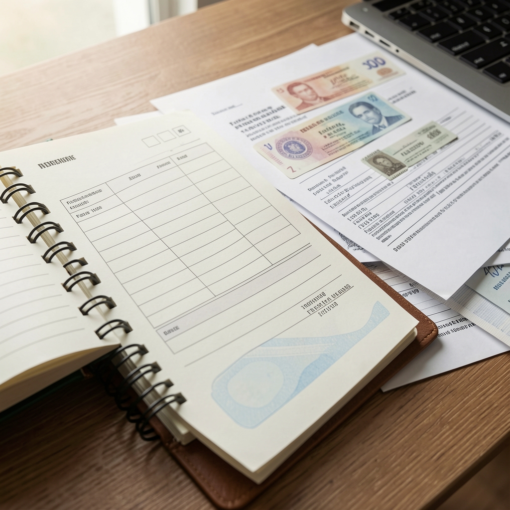 Notebook con un formulario digital y documentos argentinos clasificados por fecha