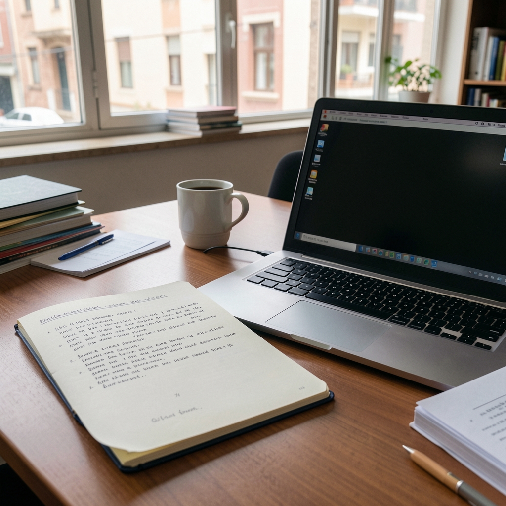 Cuaderno con anotaciones de revisión editorial junto a una computadora portátil en una oficina argentina